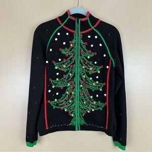 Just B Black Christmas Tree Beaded Rhinestone Zip Front Cardigan Sweater Small